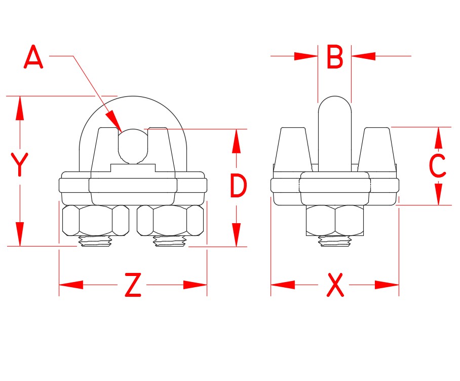 Stainless Steel Heavy Duty Wire Rope Clip, S0122-0003, S0122-0005, S0122-0007, S0122-0008, S0122-0010, S0122-0013, S0122-0016, S0122-0020, S0122-0025, Line Drawing